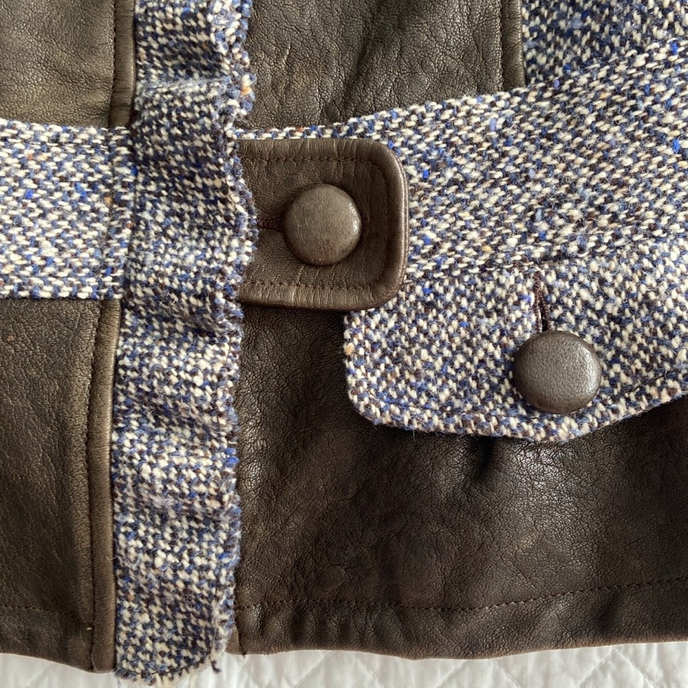 Tocca Leather Blazer Tweed Hourglass Notched Lapels Brown Blue Gray 4 Or S - Picture 5 of 17